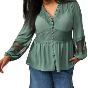 Torrid L 00 Boho Festival Sage Green Lace Inset Cottagecore Peasant Blouse